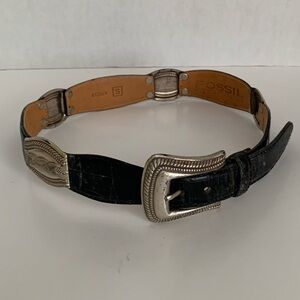 Fossil Leather Belt Silver Metal Embossed Buckle Concho VTG Croc Black Women S